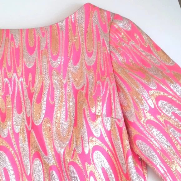 Stunning 1960's Mod Pink Gold Silver Metallic 3/4 Sleeve Blouse S/M - Picture 4 of 17
